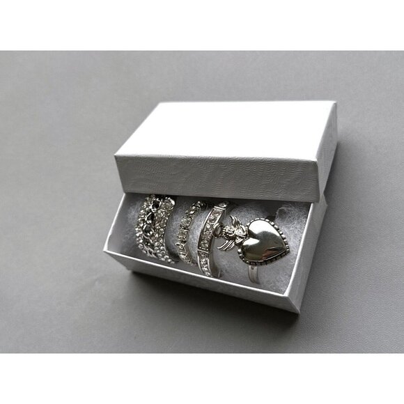 Silver tone adjustable rings set of 4 with rhinestones size 8 & 10,5 w/ case - Picture 2 of 9